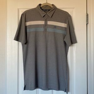 TravisMathew Golf Polo Shirt Men’s Size Medium Gray with Blue & White Stripes